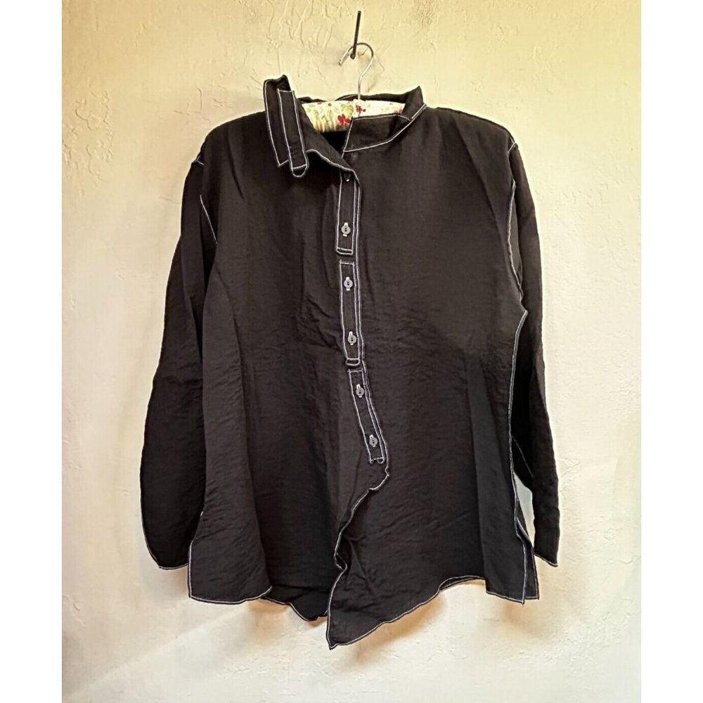 Xiao Womens Size Medium Button Down Long Sleeve Shirt Top Blouse Black Rayon
